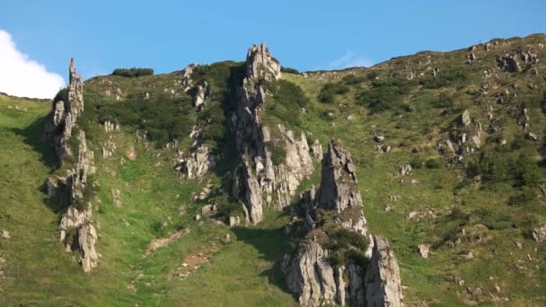 Карпатские горы с травянистыми склонами и скалами — стоковое видео