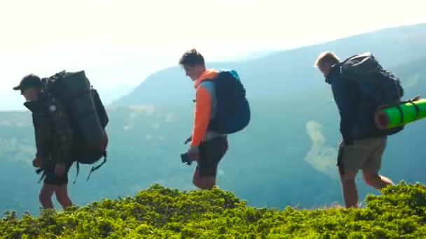 Three male tourists with backpacks hike on mountain. — Stock Video