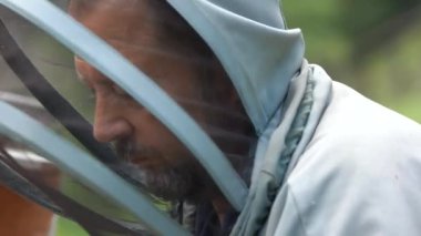 Apiary çalışan olgun arıcı.