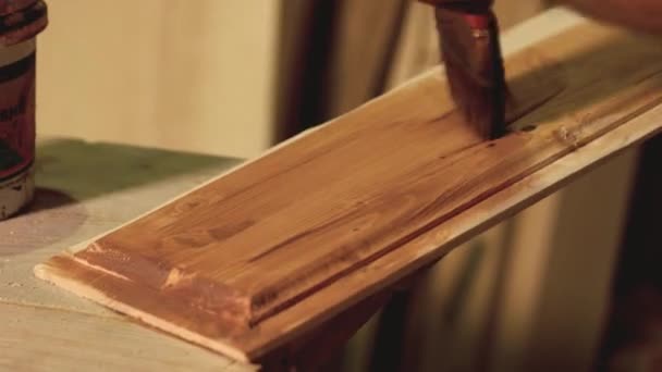 Snickare täcker trä planka med lack. — Stockvideo