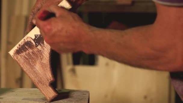 Carpintero cubriendo pieza de madera con una laca . — Vídeos de Stock