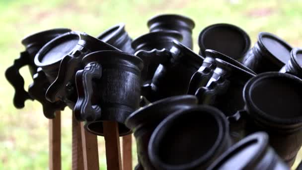 Handmade wooden mugs. — Stock Video