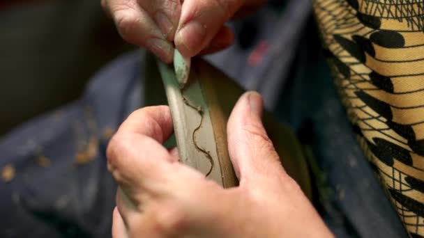 Pintura de alfarero en cuenco en taller de cerámica . — Vídeo de stock