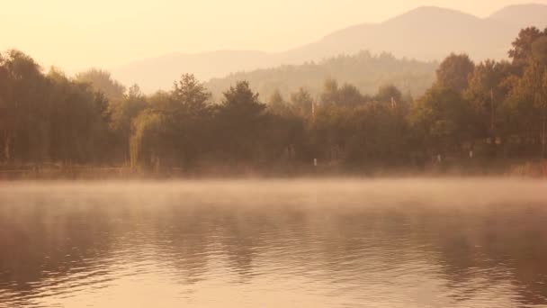 Туманний ранок на озері під час сходу сонця . — стокове відео