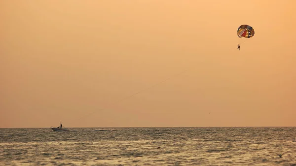 Pareja volando en paracaídas contra el cielo al atardecer . — Foto de Stock