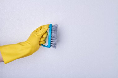 Sarı eldiven, temizlik için fırça..