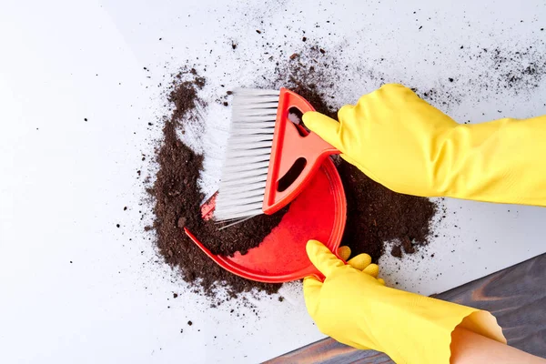 Menyapu Lantai Dengan Brush Dan Dustpan. — Stok Foto