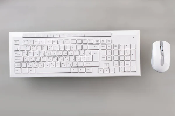 White keyboard and optical mouse on table.