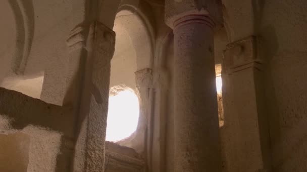 Ancient Christian church interior at Cappadocia. — Stock Video