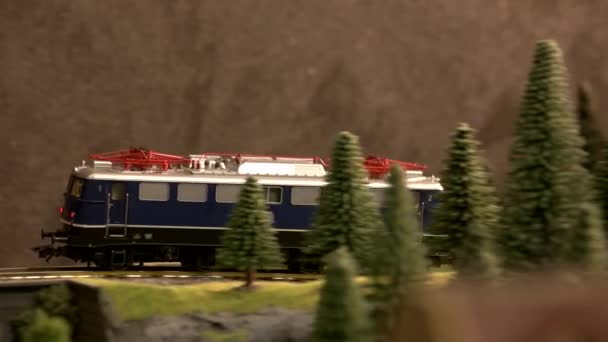 Vintage railway diesel locomotive moving through forest. — Stock Video