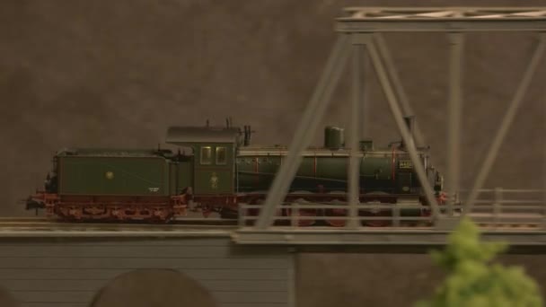 Ηλεκτρικό παιχνίδι τρένο διασχίζει τη γέφυρα. — Αρχείο Βίντεο