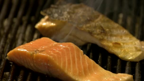 Close up de filé de salmão cozinhar na grelha . — Vídeo de Stock