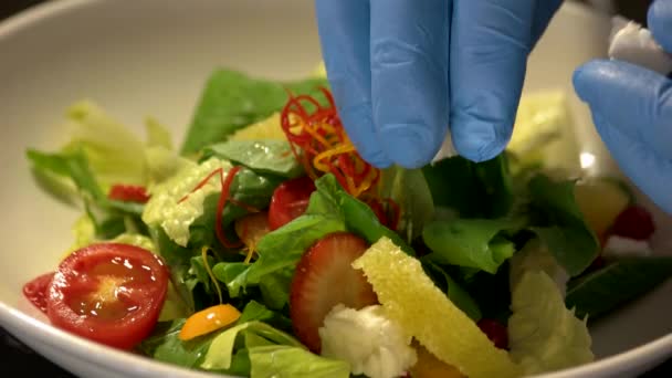 Chef preparing vegetable salad close up. — Stock Video
