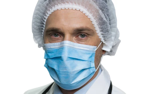 Fechar retrato do médico em máscara respiradora azul . — Fotografia de Stock