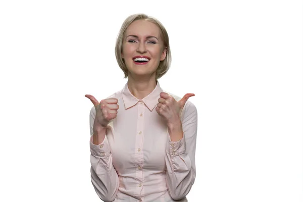 Happy smiling woman with sign ok on white background. — Stock Photo, Image