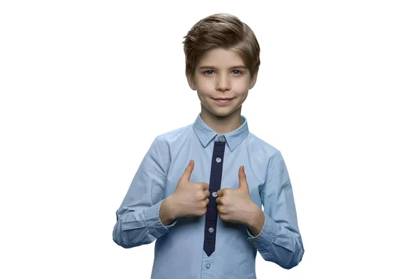 Smiling boy making thumbs up sign with both hands. — Stock Photo, Image