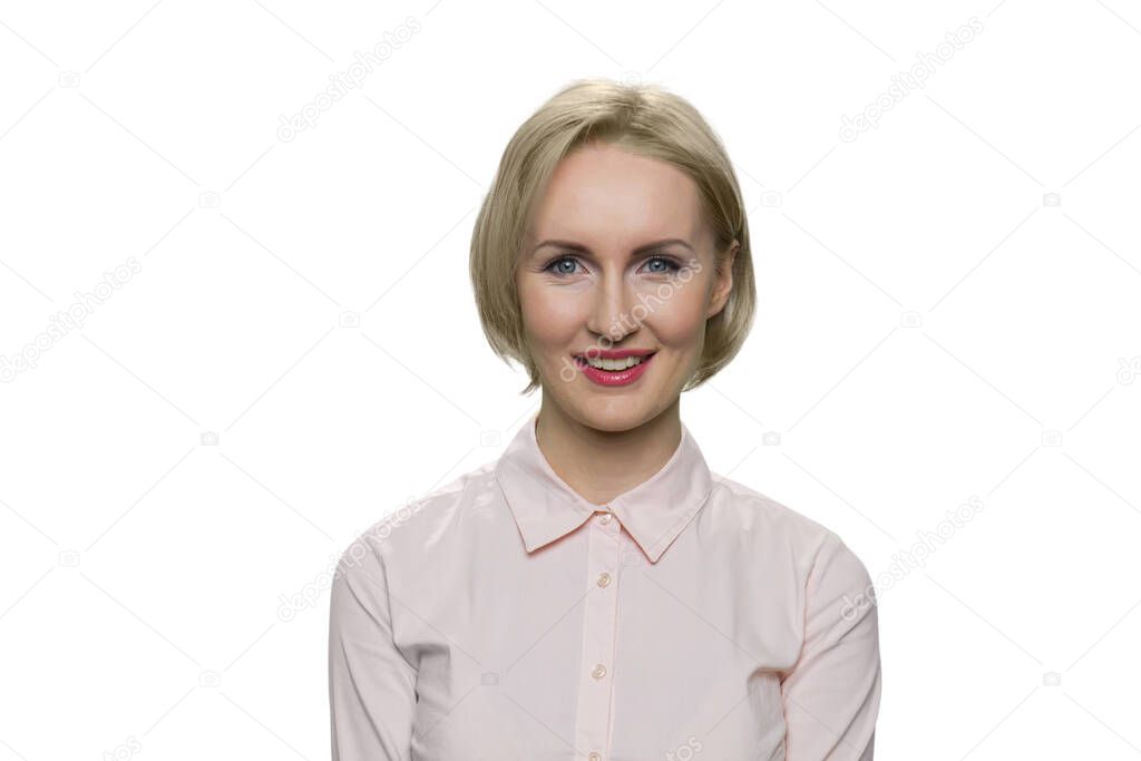 Portrait of blond smiling cheerful mature lady.