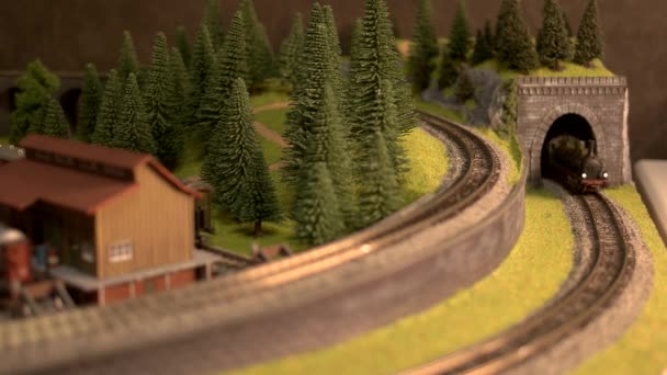 Model train coming out from tunnel. — Stock Video