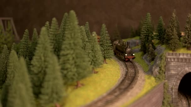 Modelltåg och modelljärnväg på nära håll. — Stockvideo
