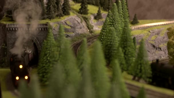 蒸汽火车模型离开隧道. — 图库视频影像