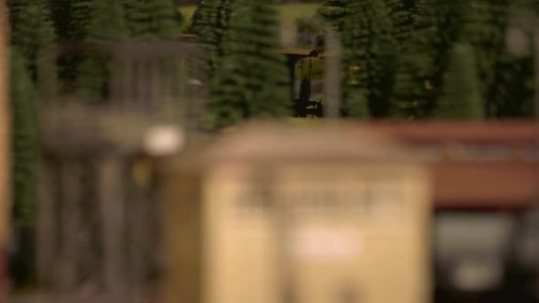 Model pociągu pasażerskiego poruszającego się przez las. — Wideo stockowe