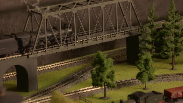 Модель старовинного поїзда, що рухається через міст . — стокове відео