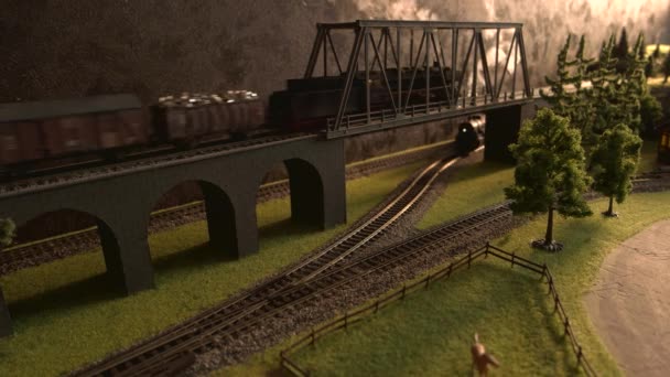 Modelo de comboio a vapor de mercadorias que atravessa a ponte . — Vídeo de Stock