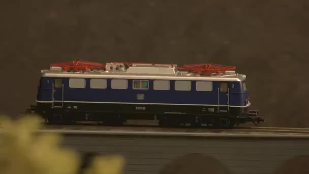 Miniatyr diesel tåg rör sig genom bron. — Stockvideo