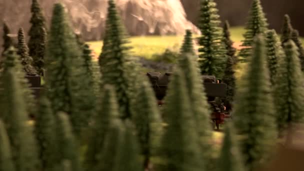 Модель железнодорожного грузового поезда, проходящего через лес. — стоковое видео