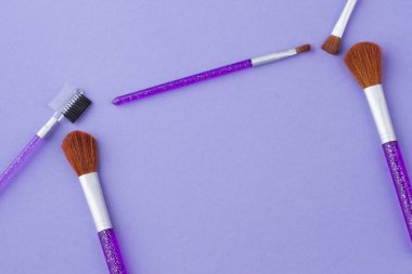 Mor arka planda çeşitli kozmetik fırçalar.