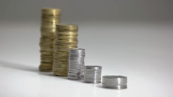 Stackar med mynt i fallande ordning faller ner efter träff av Covid-19 modell. — Stockvideo