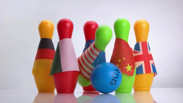 Various countries flags on bowling skittles during pandemic of Covid-19. — Stock Video