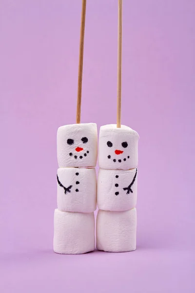 Dois bonecos de neve marshmallow engraçados felizes. — Fotografia de Stock