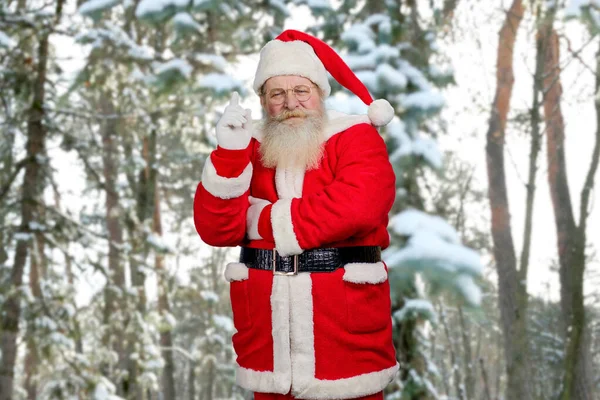 Weihnachtsmann hob Zeigefinger in die Höhe. — Stockfoto