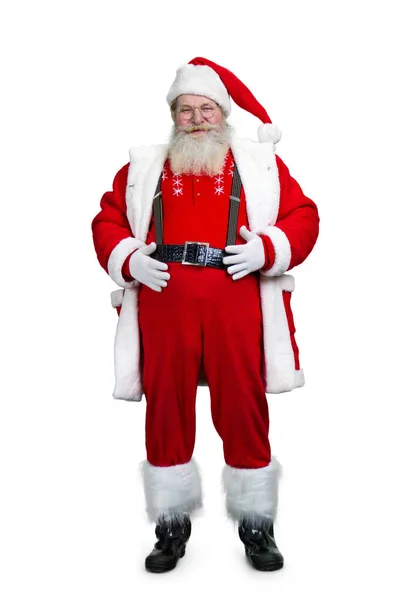 Realistyczny Święty Mikołaj z rękami na brzuchu. — Zdjęcie stockowe
