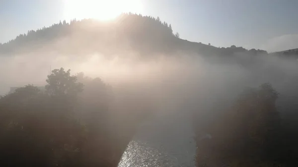 Die Landschaft aus Fluss, Bäumen, Bergen und Nebel. — Stockfoto