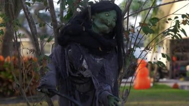 Uzun siyah saçlı ve yırtık pırtık gri cüppeli ürkütücü yeşil yüzlü cadı aksesuarı banliyö bahçesindeki dalların arasında duruyor. Akşam ışığında Cadılar Bayramı dekorasyonu ürkütücü ve perili bir atmosfer yaratır..