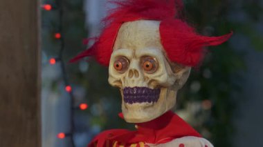 Cadılar Bayramı 'nda vahşi kızıl saçlı, turuncu gözlü ve mor dişli bir palyaço. Aksesuar benekli bir kostüm giyiyor ve alacakaranlıkta ürkütücü bir banço tutuyor..