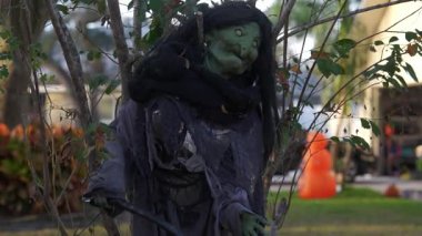 Uzun siyah saçlı ve yırtık pırtık gri cüppeli ürkütücü yeşil yüzlü cadı aksesuarı banliyö bahçesindeki dalların arasında duruyor. Akşam ışığında Cadılar Bayramı dekorasyonu ürkütücü ve perili bir atmosfer yaratır..