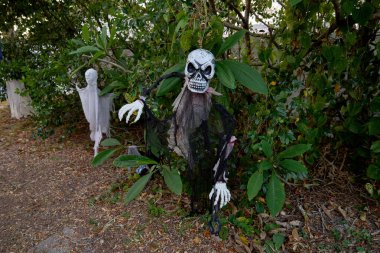 Zincirli siyah pelerinli kafatası figürü çalıların ve yaprakların arasında duruyor. Gündüz vakti hayaletlerin ve yaprakların olduğu ürkütücü bahçe dekorasyonu..
