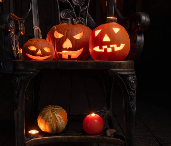 Tête Citrouille Halloween Jack Lanterne Avec Des Visages Maléfiques Effrayants — Photo