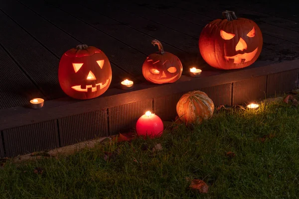 Halloween Dýňová Hlava Jack Lucerna Děsivými Zlými Tvářemi Svíčkami Sezónní — Stock fotografie