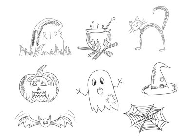 Yumurtadan çıkan el çizimi Cadılar Bayramı simgeleri