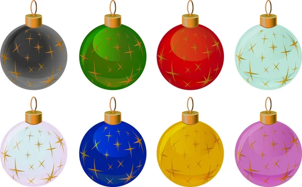 Set Christmas New Year Balls Decorated Golden Stars Transparent Background — Stock Vector