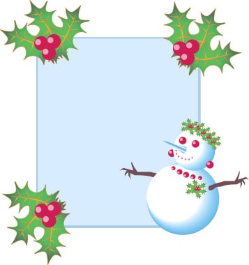 Mutlu ve şirin kardan adam, dut, yaprak ve ökseotu olan fotoğraf ve kartlar için yeni yıl ve Noel çerçevesi