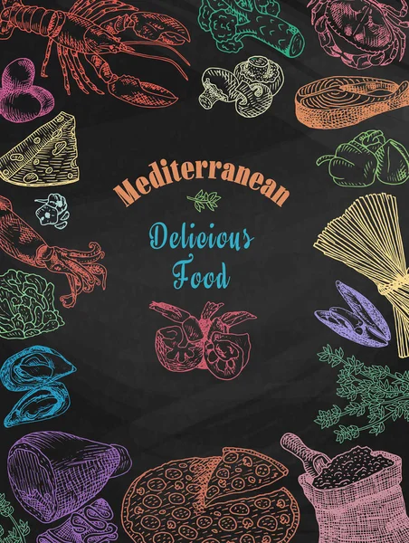 Chalk Drawing Delicious Mediterranean Food Broccoli Calamari Cheese Crab Eggs — Stock Vector