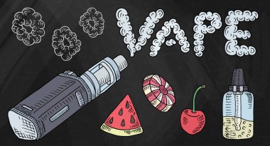 Buharlaştırıcı Dükkanı. Buharlaştırıcı ve suları kara tahta arka plan üzerinde güzel posteri. 