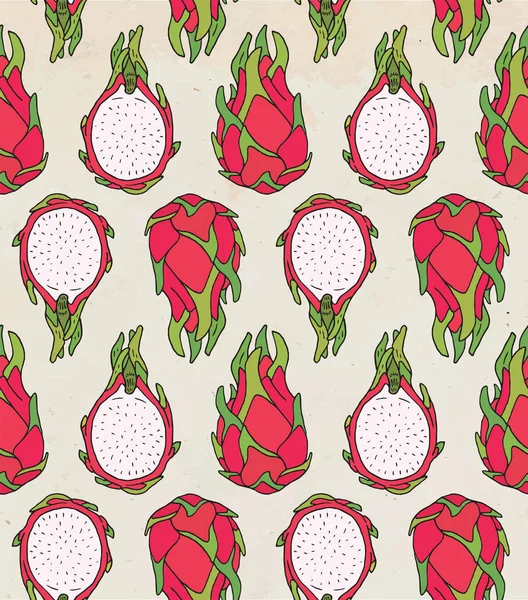 甜多汁龙果图案的无缝图案 夏日异国情调的食物 美丽的手画的果子例证 — 图库矢量图片