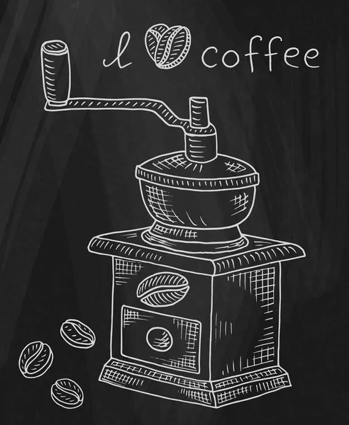 黒板背景に豆とコーヒーミルの美しいイラスト — ストックベクタ