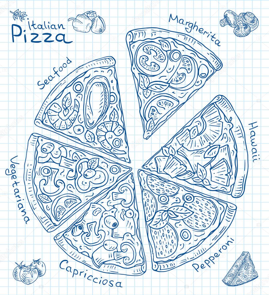 Beautiful illustration of Italian Pizza. Six slices of Margarita, Hawaii, Pepperoni, Vegetarian and Seafood pizza